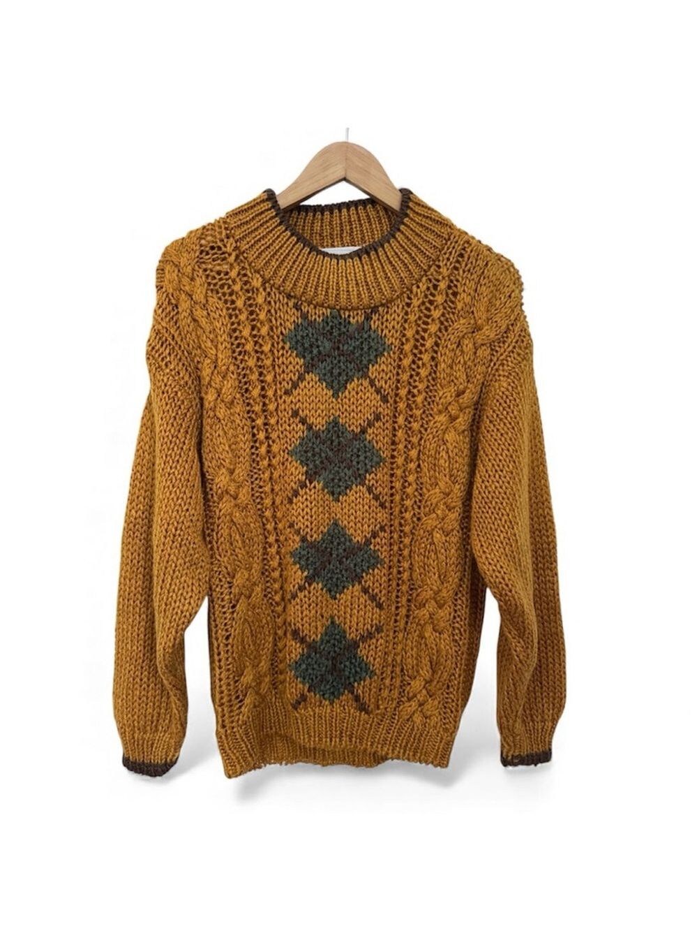 Vintage Chunky Knit Sweater 80s Cable Argyle Pattern Mustard Fisherman Style